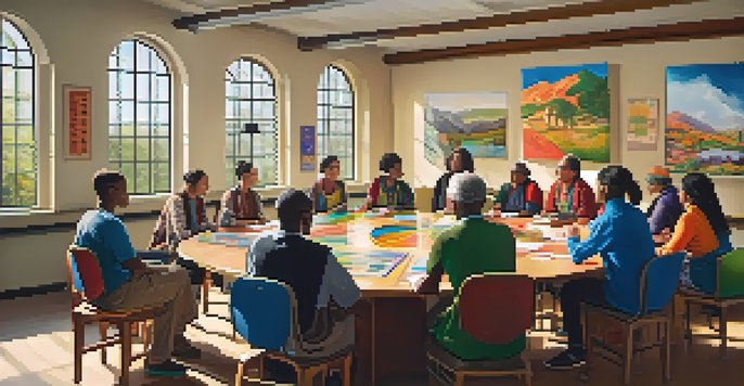 A diverse group of adult learners collaborating in a classroom filled with cultural artifacts and colorful artwork, bathed in warm natural light.