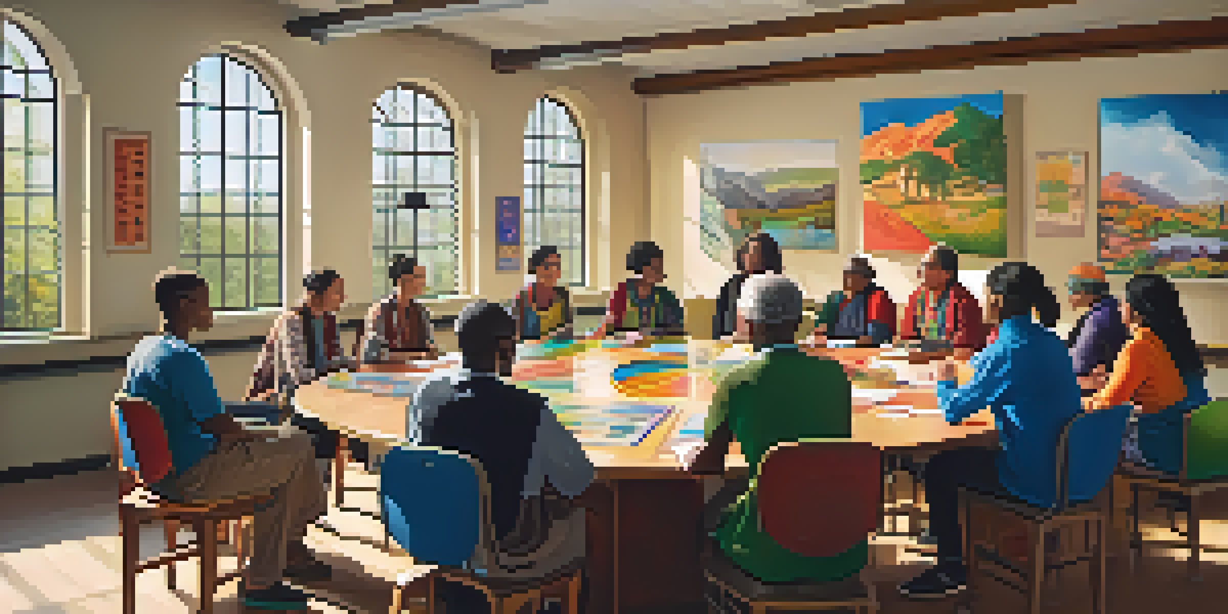 A diverse group of adult learners collaborating in a classroom filled with cultural artifacts and colorful artwork, bathed in warm natural light.