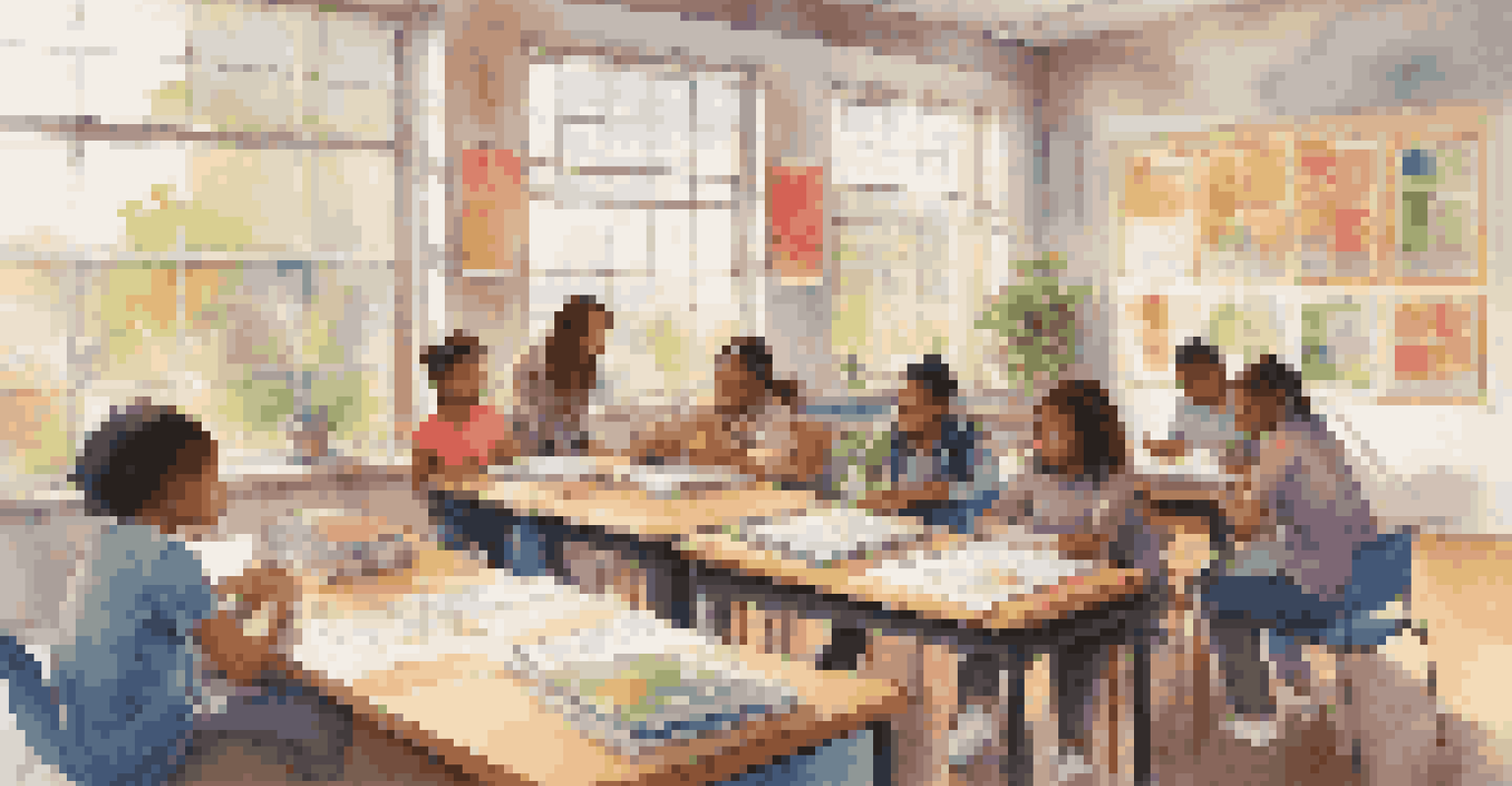 A diverse group of students working together in a bright classroom, collaborating on a project with enthusiasm.