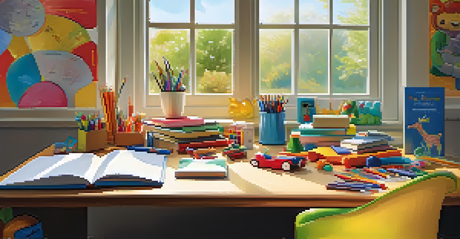 A teacher's desk filled with colorful toys and art supplies, positioned by a sunny window, inviting creativity.