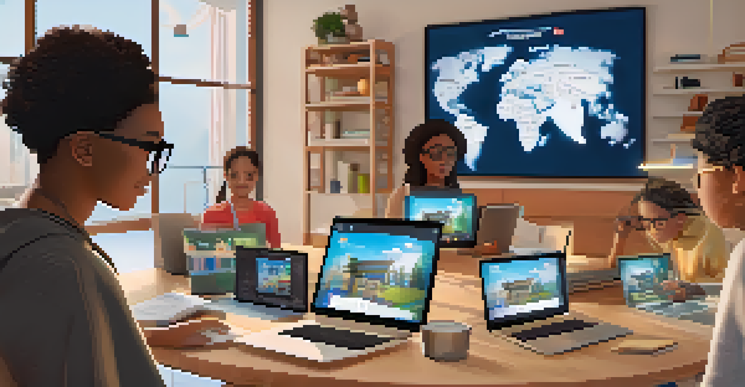 Students collaborating remotely through Augmented Reality in a cozy virtual learning space, with 3D models and a shared digital workspace.