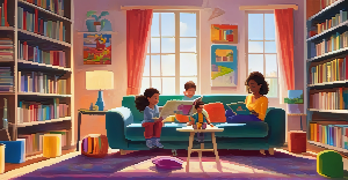 A parent and child reading together on a couch in a sunlit living room filled with books and toys.