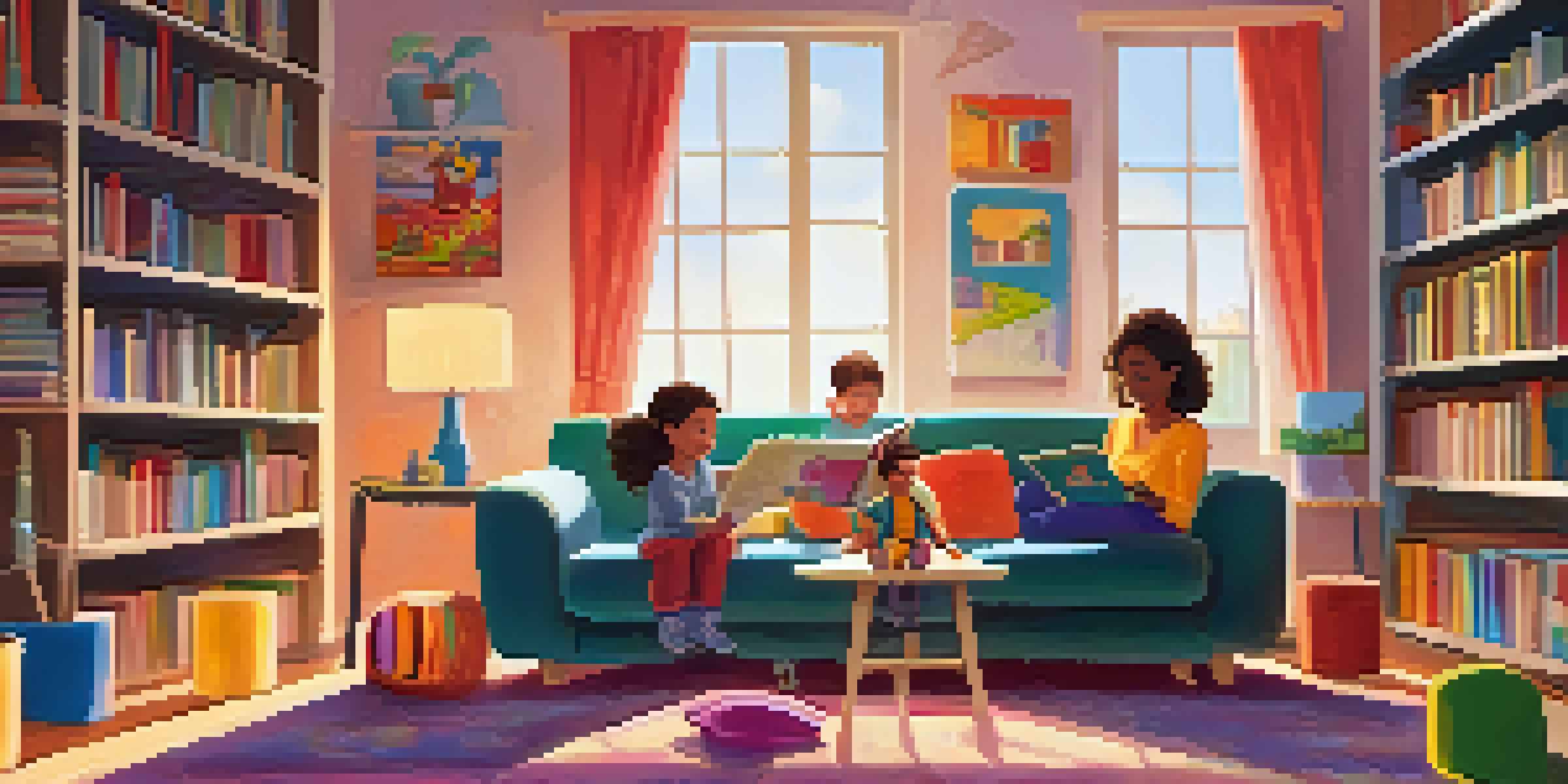A parent and child reading together on a couch in a sunlit living room filled with books and toys.
