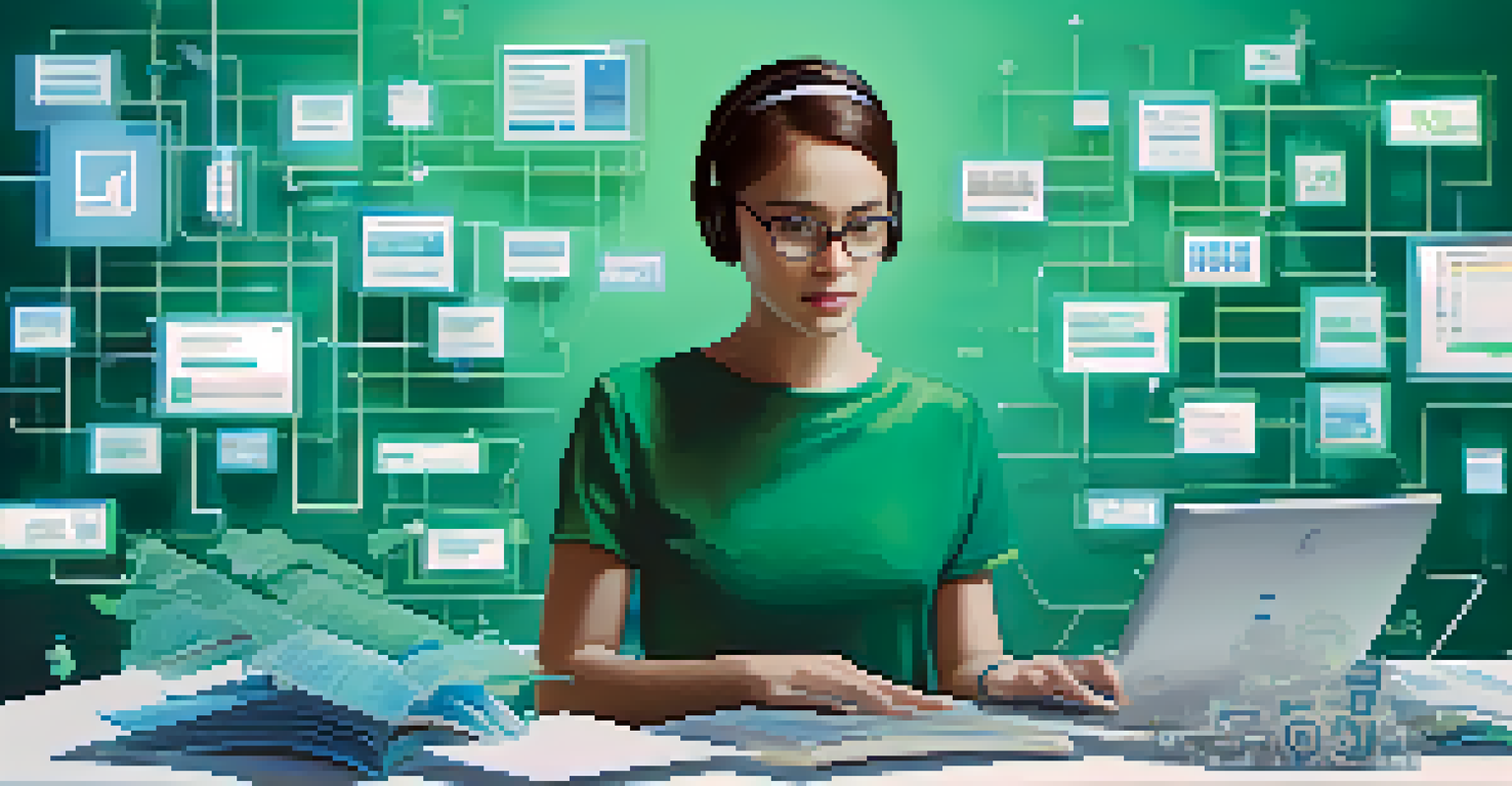 A person at a desk surrounded by floating digital icons, symbolizing digital literacy and critical thinking in a digital landscape.