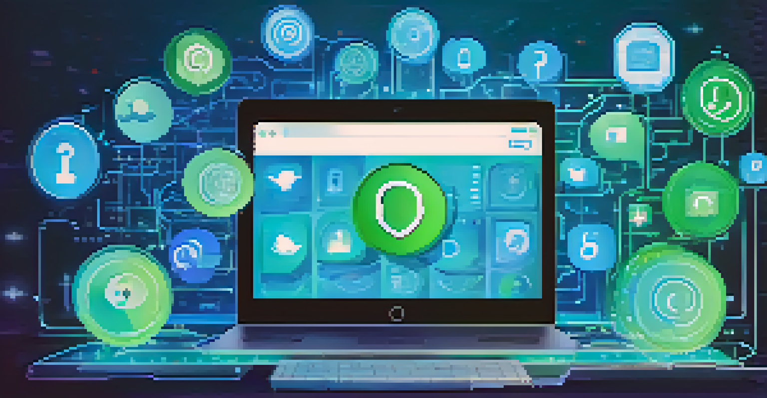 A digital device displaying social media with icons of privacy and security, set against a gradient background.