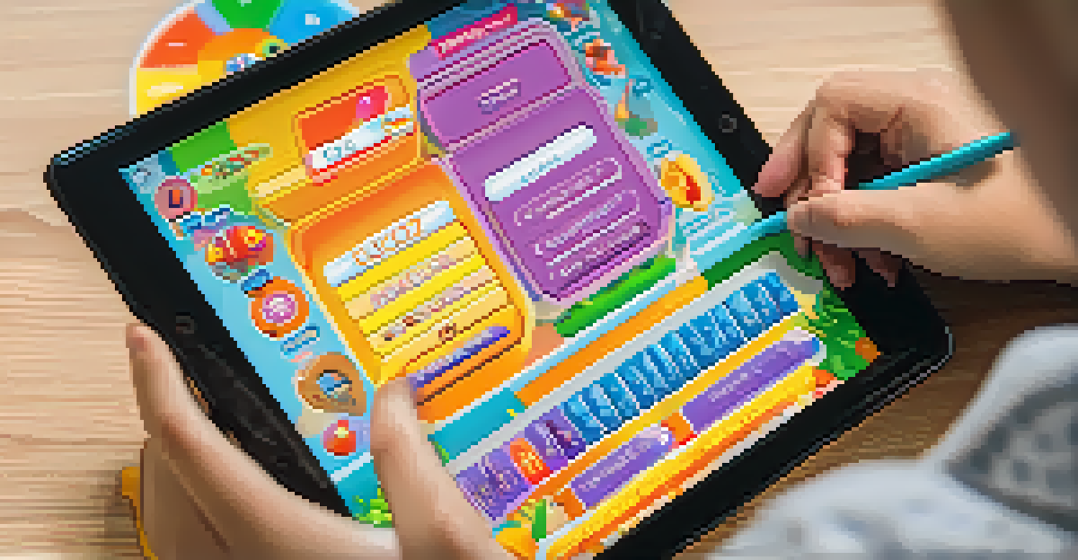 A close-up of a student's hands interacting with a tablet quiz game, highlighting engagement and excitement in learning.