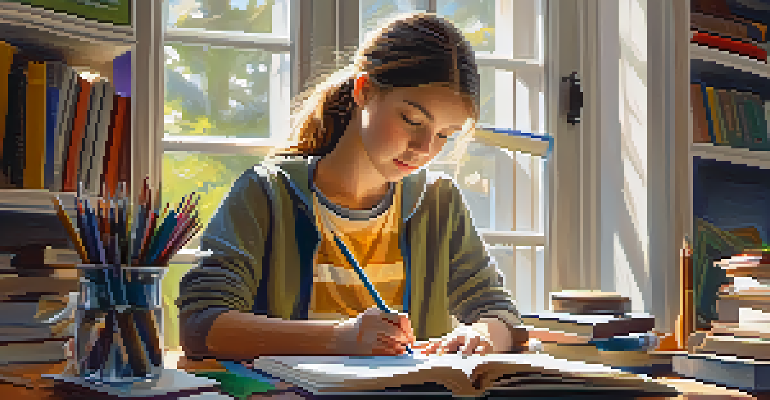 A focused student writing in a journal with books and art supplies around them, illuminated by soft sunlight from a nearby window.