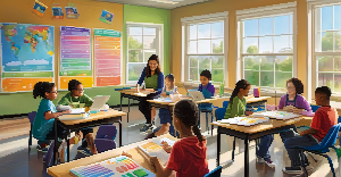 A classroom with diverse students using digital tablets, with a teacher assisting one student. The room is colorful and well-lit.