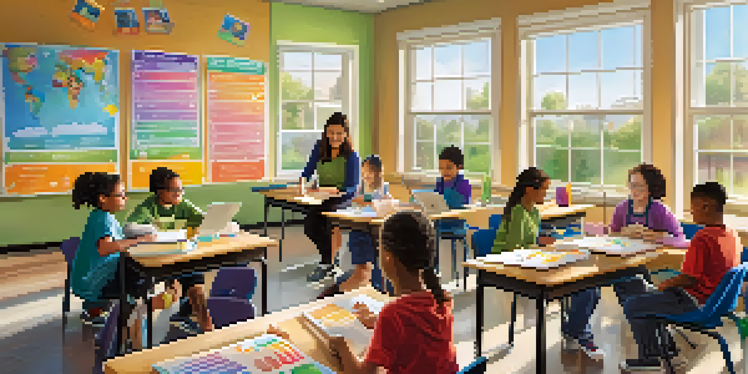 A classroom with diverse students using digital tablets, with a teacher assisting one student. The room is colorful and well-lit.