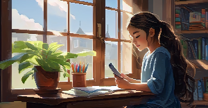 A young girl studying at a desk with a smartphone, sunlight streaming in, surrounded by educational materials.