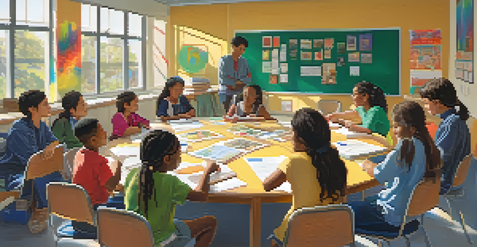 A diverse group of students working together in a bright classroom filled with cultural posters and art supplies.