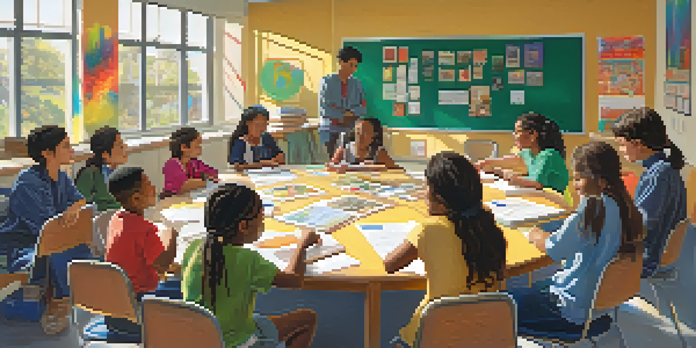 A diverse group of students working together in a bright classroom filled with cultural posters and art supplies.