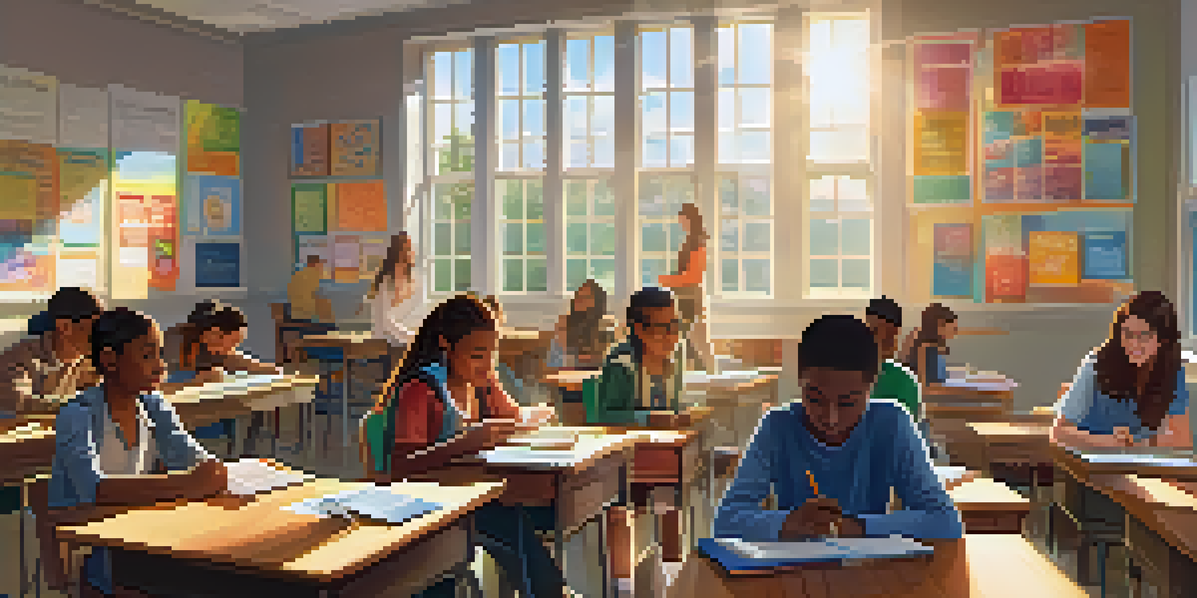 A bright classroom with students collaborating on educational materials, guided by a teacher, surrounded by colorful resources and natural light.