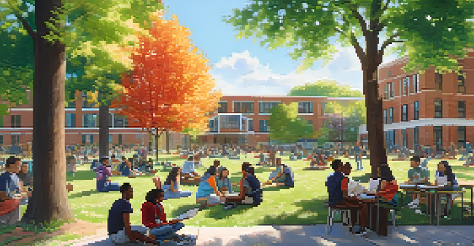 A lively community college campus with diverse students studying and interacting outside, surrounded by greenery and bright sunlight.