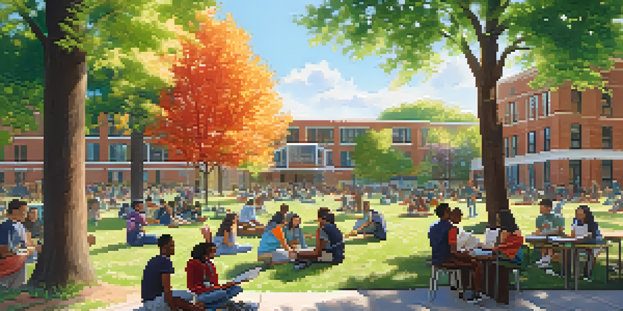 A lively community college campus with diverse students studying and interacting outside, surrounded by greenery and bright sunlight.