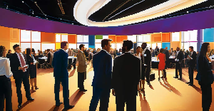 A diverse group of professionals networking in a modern conference hall, engaging in conversations with warm lighting.