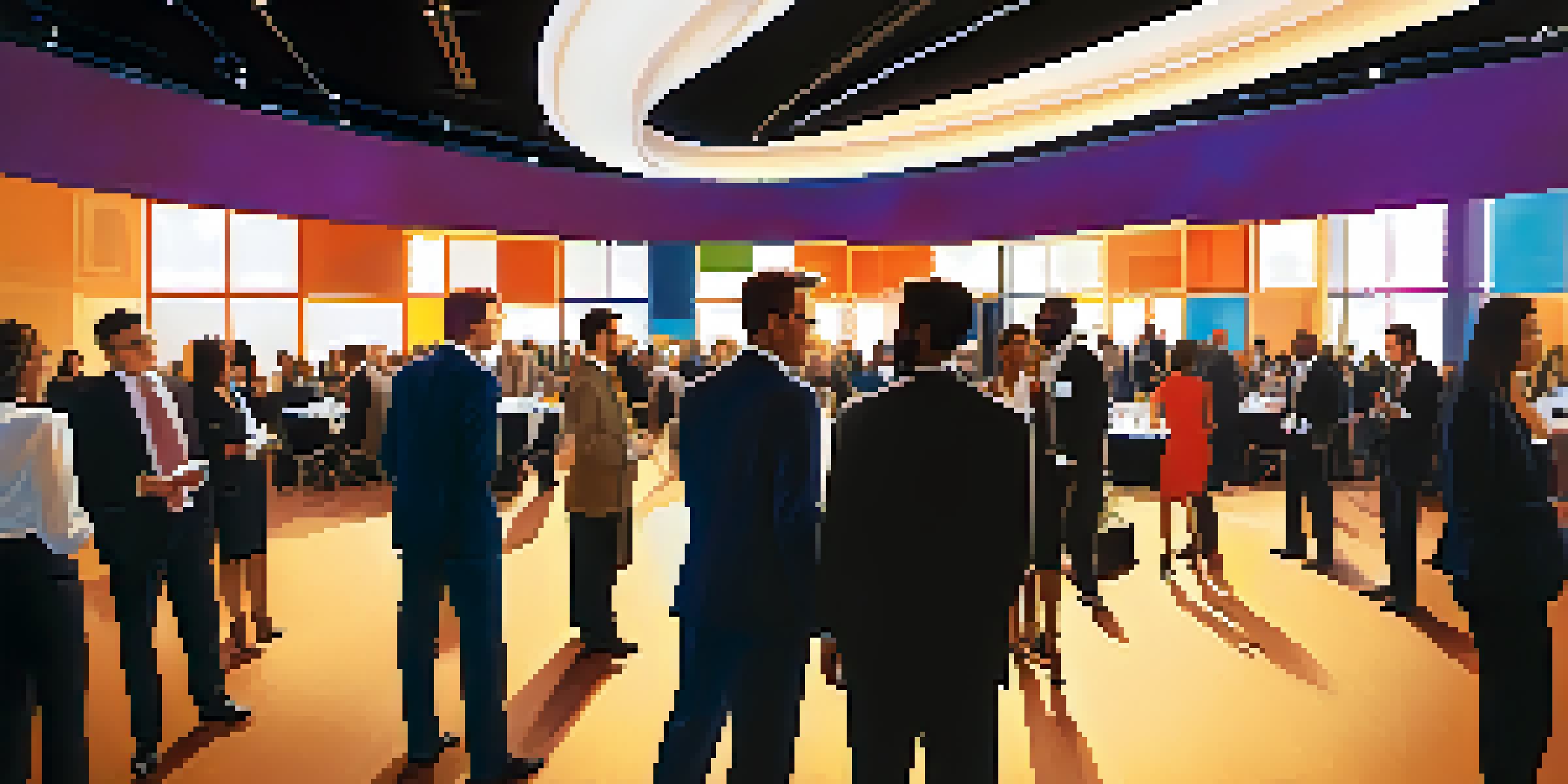 A diverse group of professionals networking in a modern conference hall, engaging in conversations with warm lighting.
