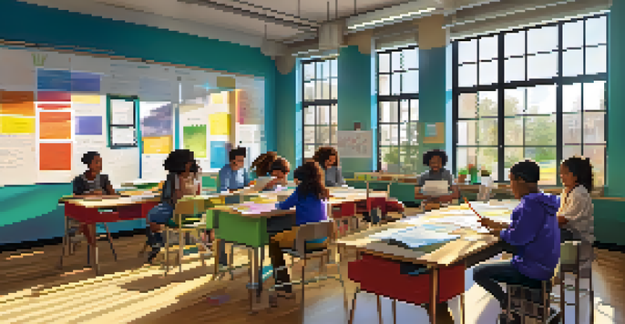 A community classroom with diverse students working together, surrounded by colorful educational materials and bright sunlight.