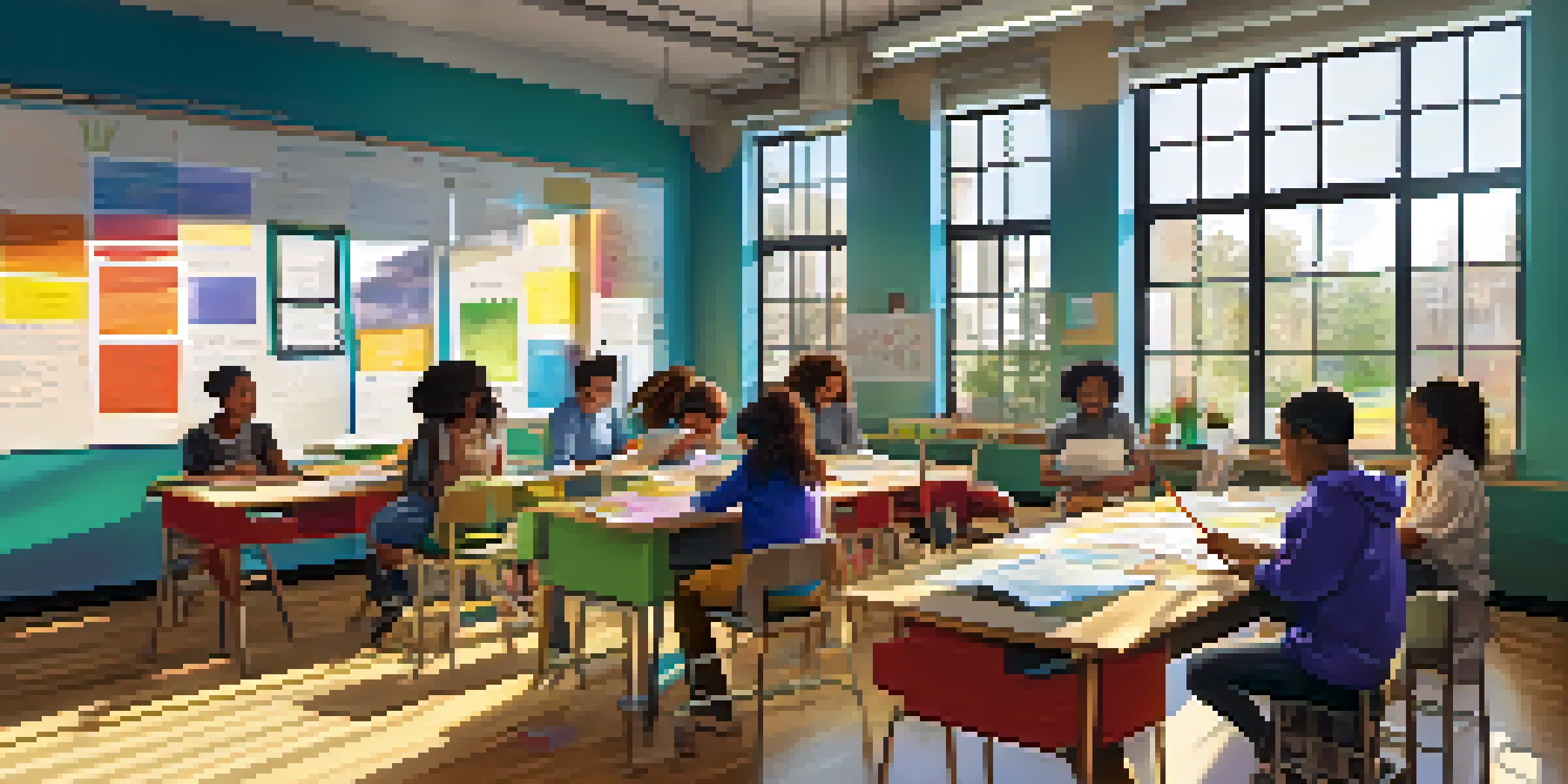 A community classroom with diverse students working together, surrounded by colorful educational materials and bright sunlight.
