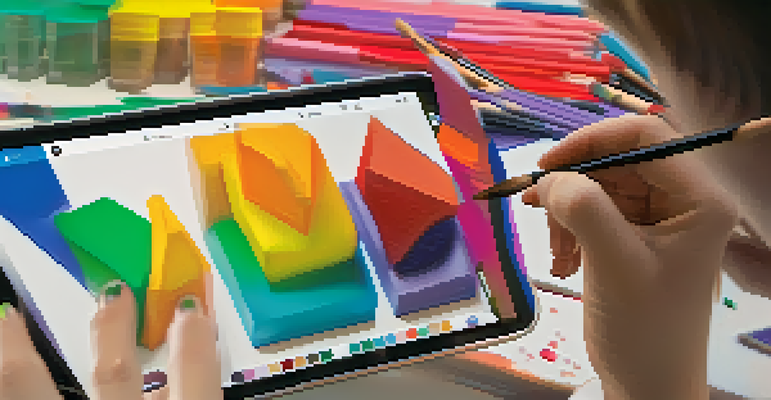 A close-up view of a student's hands using an augmented reality app to create a 3D sculpture, with colorful visuals on the screen.