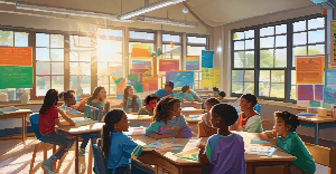 A bright classroom with diverse students working together in groups, surrounded by educational materials and sunlight.