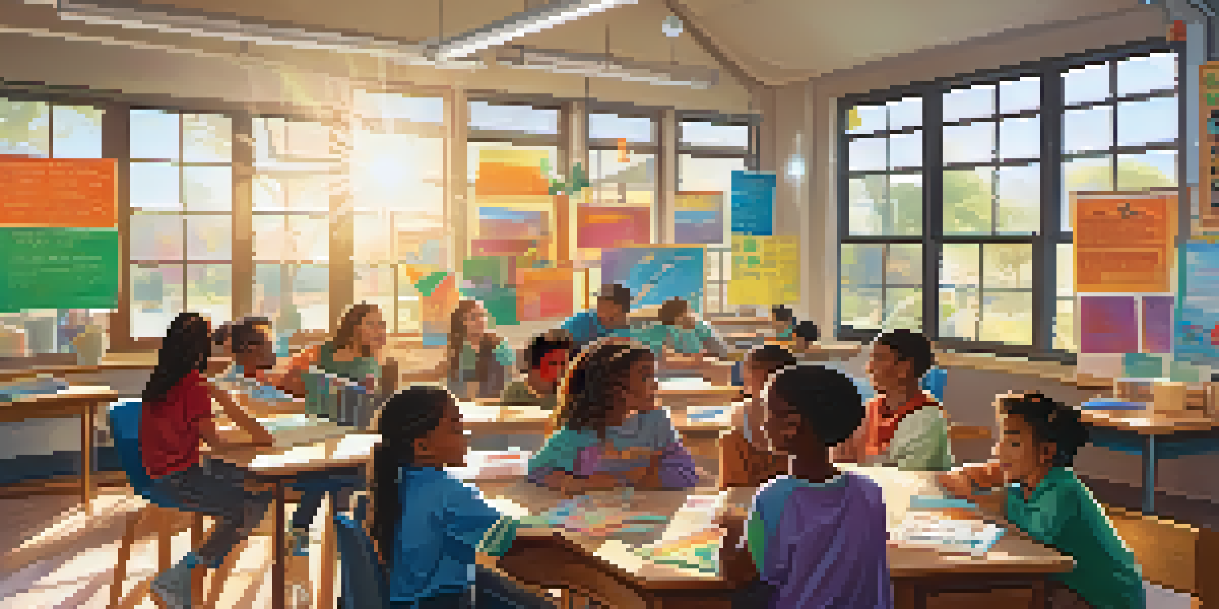 A bright classroom with diverse students working together in groups, surrounded by educational materials and sunlight.