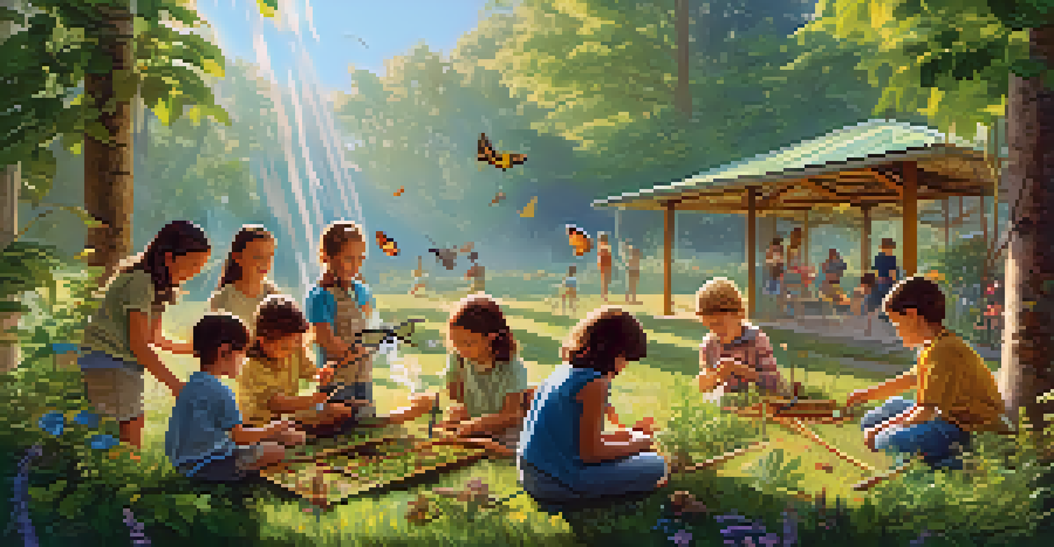 Children playing outside, engaged in nature-based STEAM activities, building structures with sticks and examining insects, surrounded by greenery.