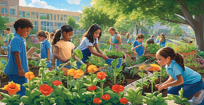 Children of different backgrounds working together in a colorful school garden, planting seeds and learning about nature.