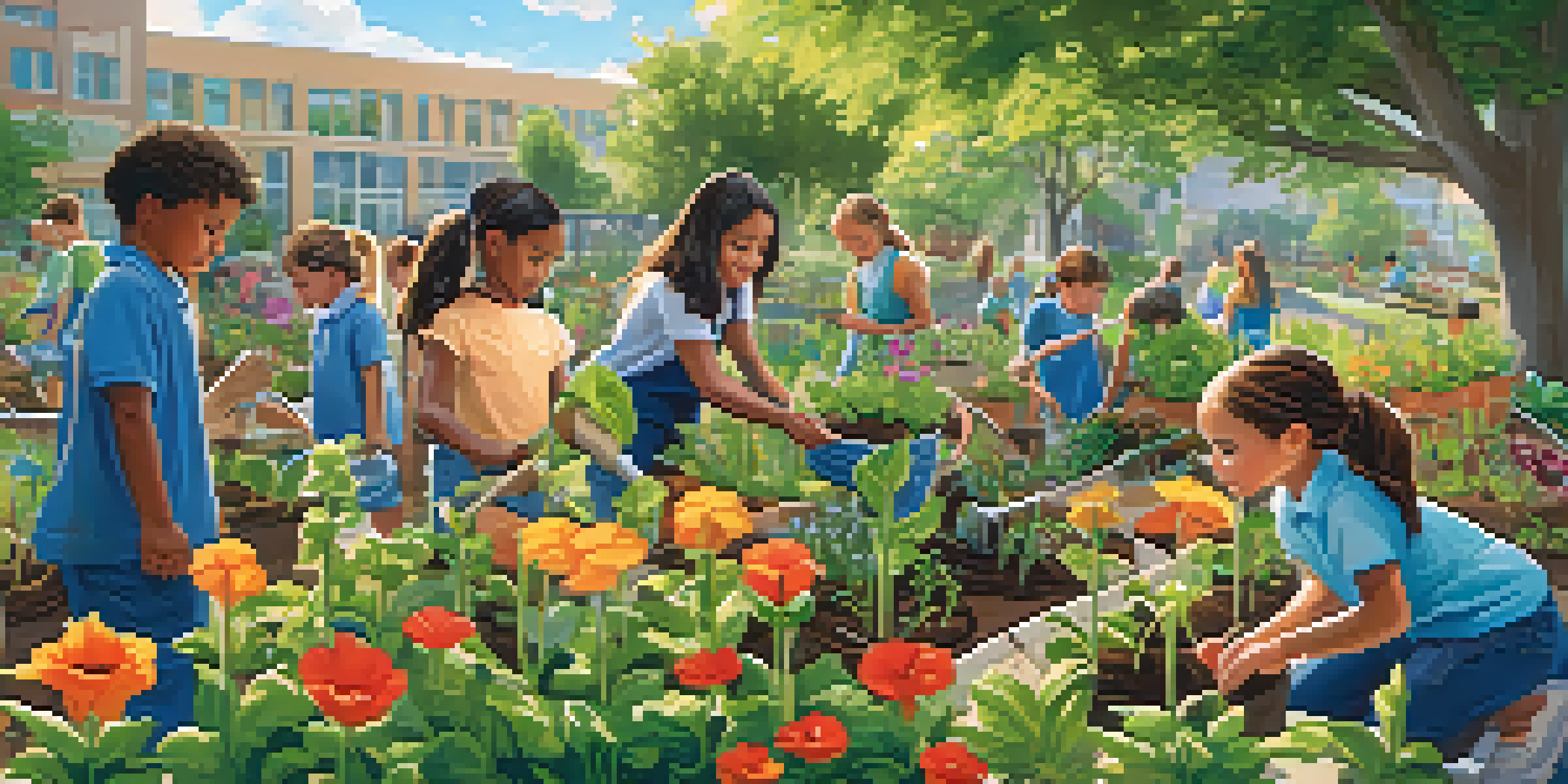 Children of different backgrounds working together in a colorful school garden, planting seeds and learning about nature.