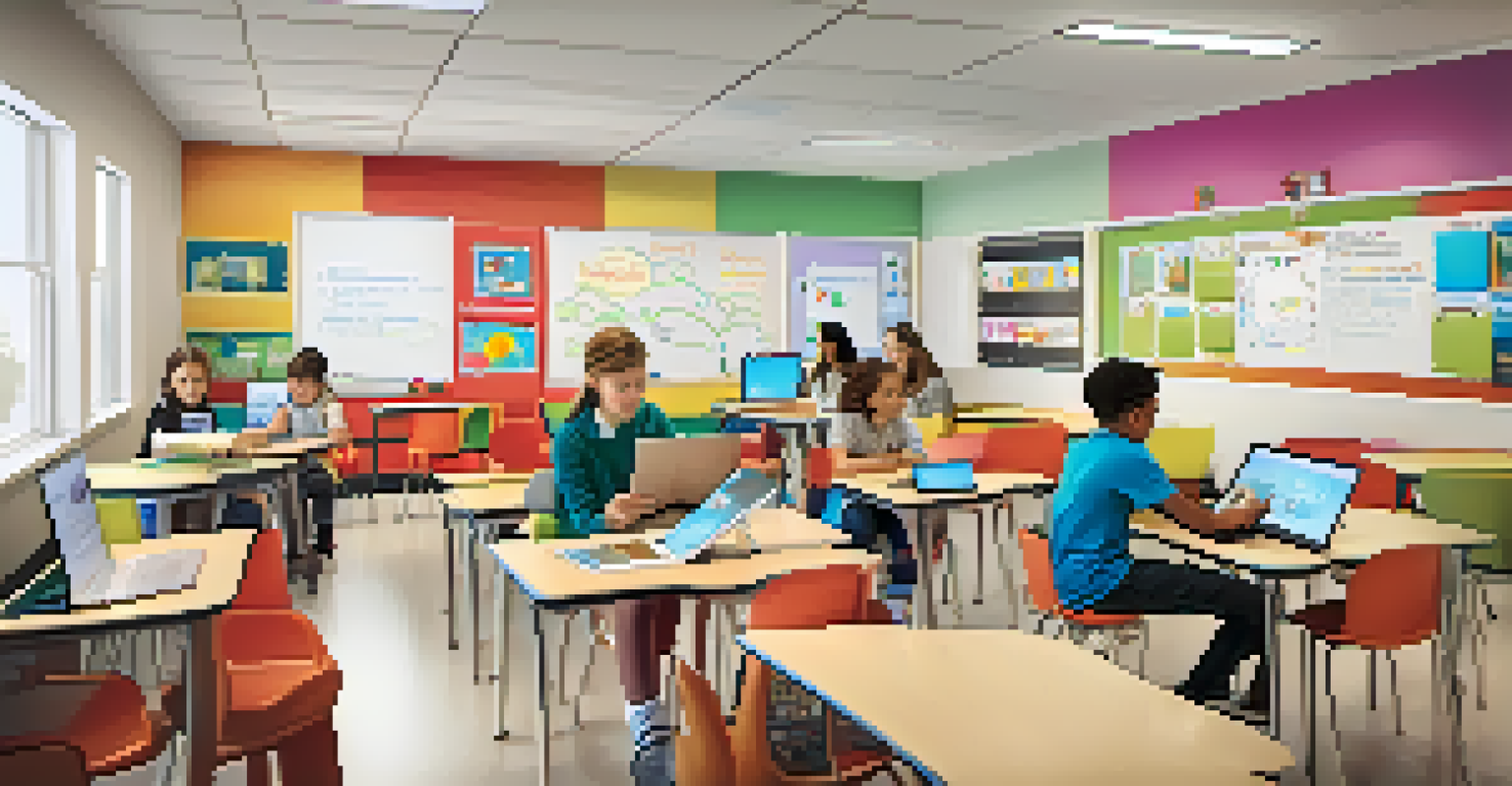 A modern classroom with students using tablets and interactive whiteboards, surrounded by bright colors and flexible seating arrangements.