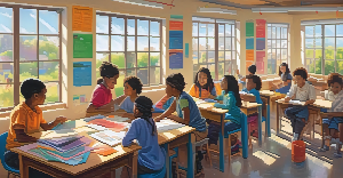 A diverse group of students collaborating on a project in a colorful classroom filled with educational posters and soft sunlight.