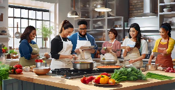 Diverse participants in an online cooking class, each in their kitchen, sharing ingredients and asking questions in a warm, engaging environment.
