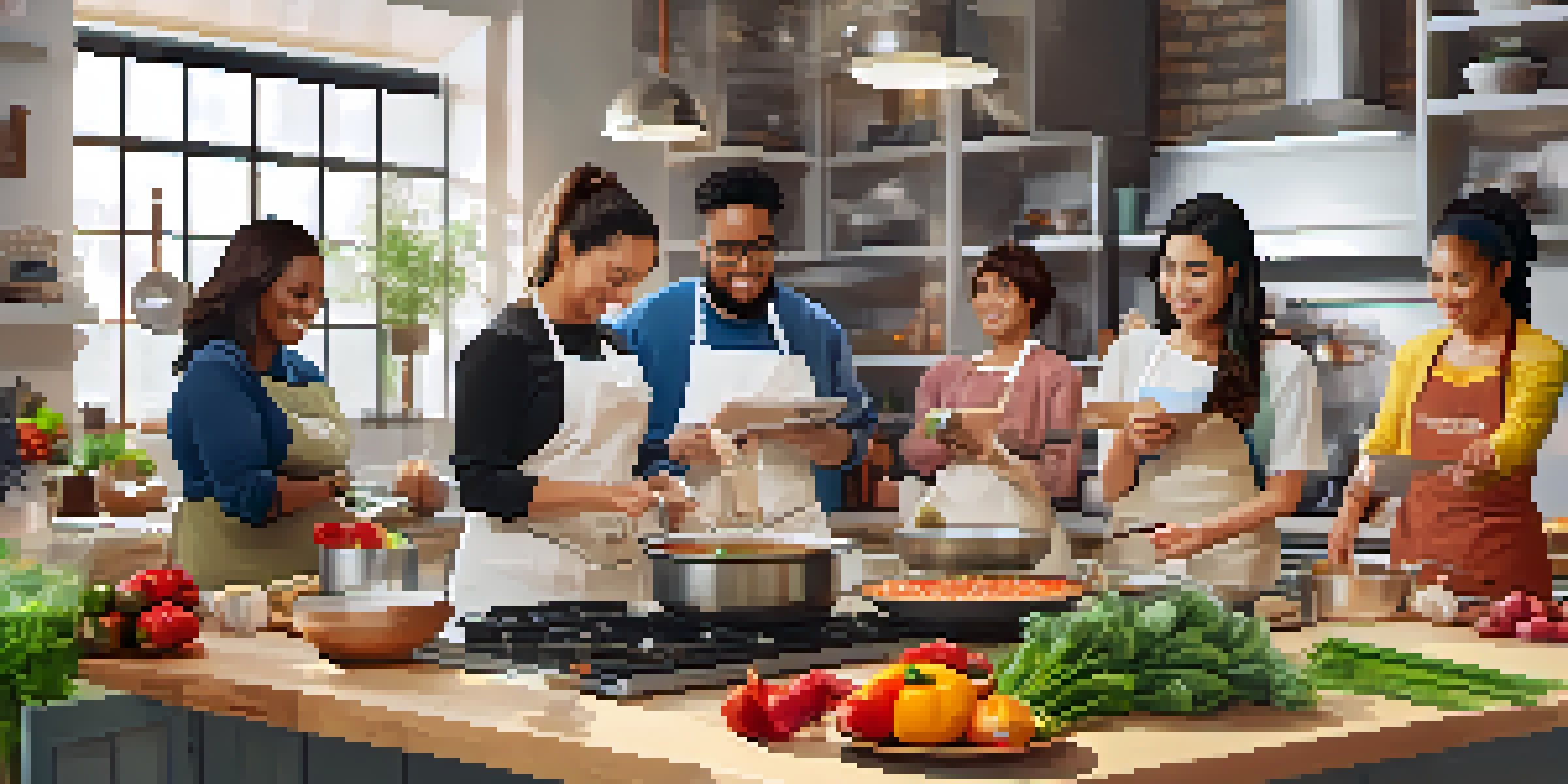 Diverse participants in an online cooking class, each in their kitchen, sharing ingredients and asking questions in a warm, engaging environment.