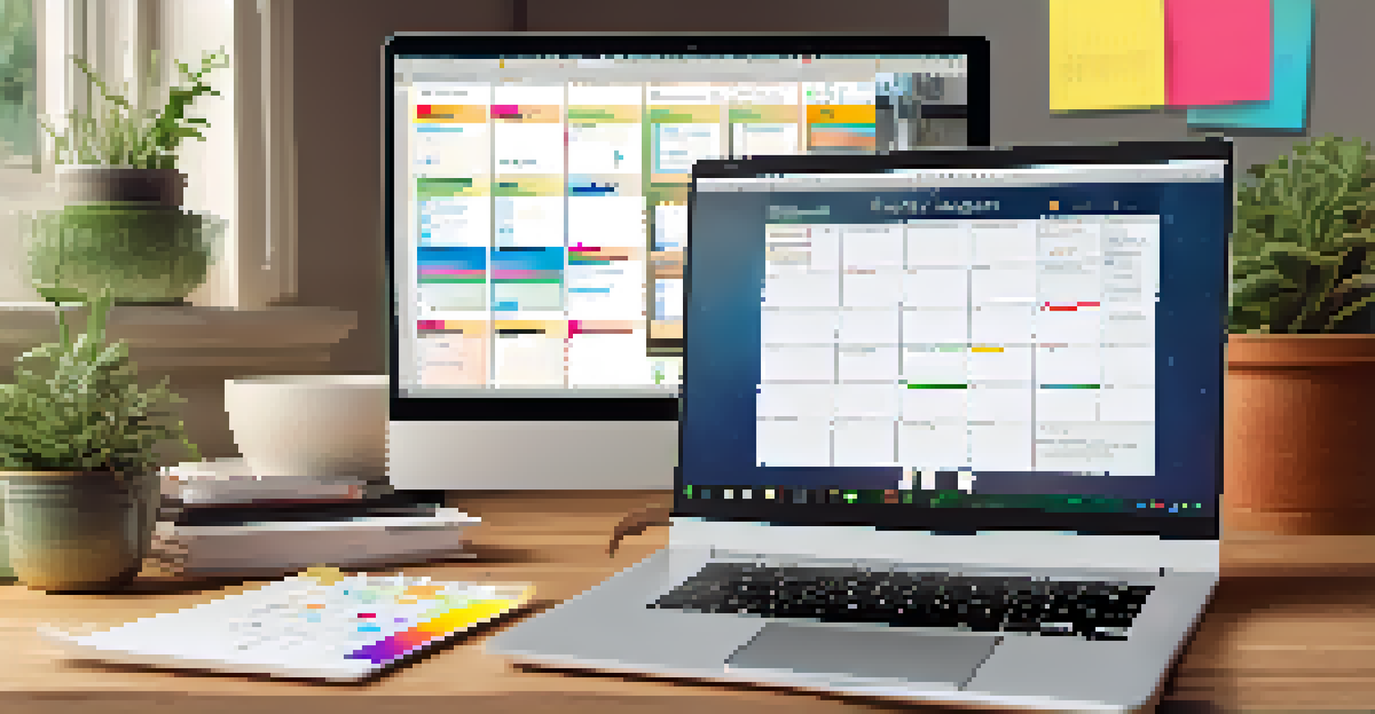A cozy home office with a laptop showing a project management tool, accompanied by a coffee cup and plants in the background.