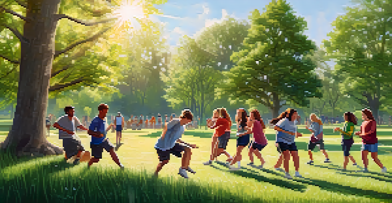 Students engaged in an outdoor team-building activity in a park, laughing and collaborating on a challenge.