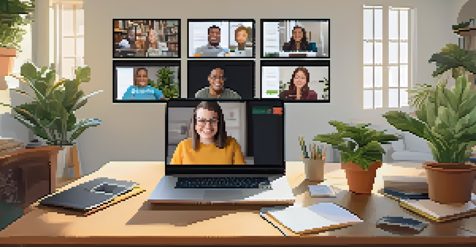 A virtual meeting with nonprofit volunteers sharing experiences, set in a cozy home office environment.
