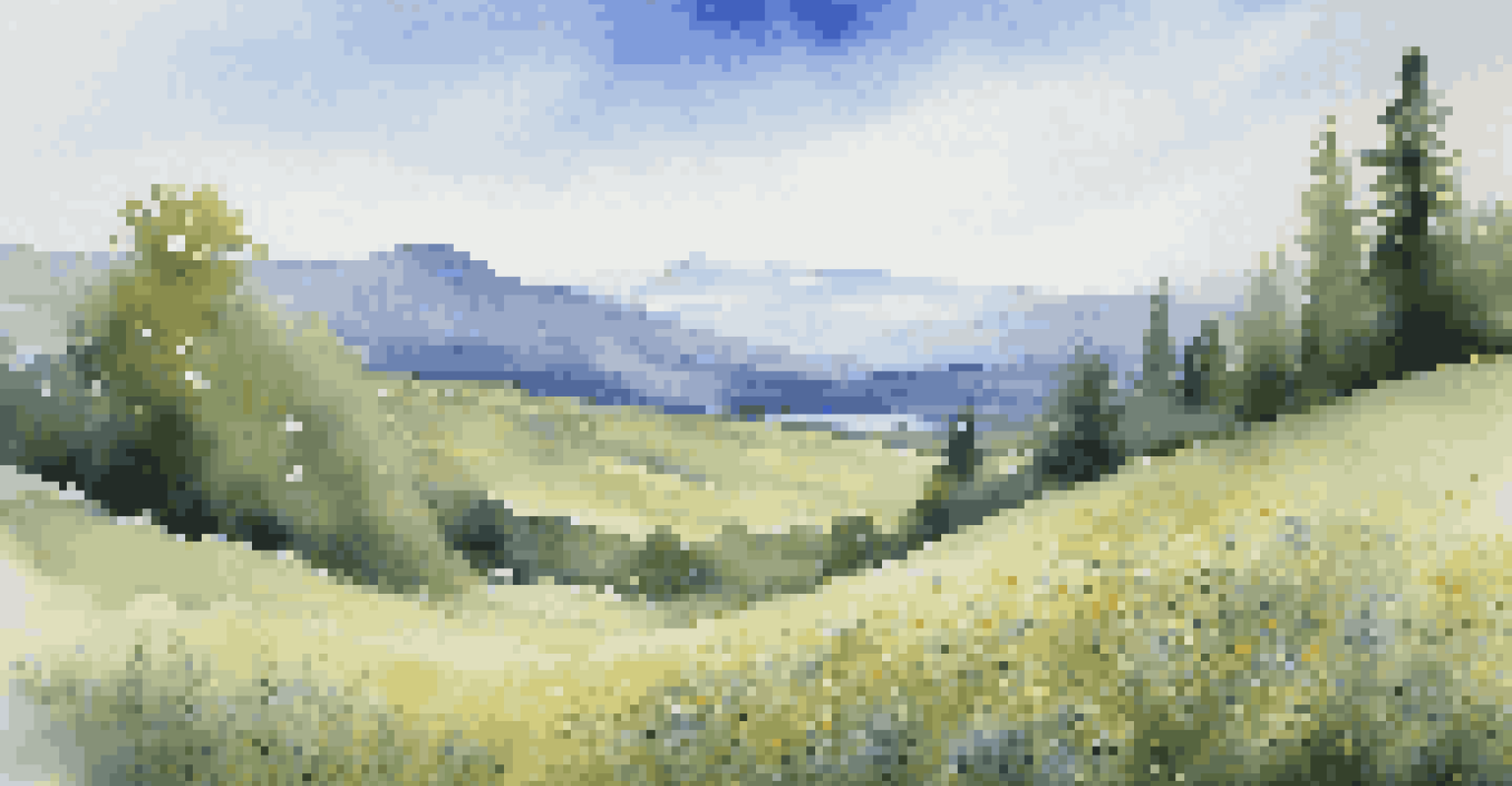 A peaceful meadow filled with wildflowers and a distant mountain range under a clear blue sky.
