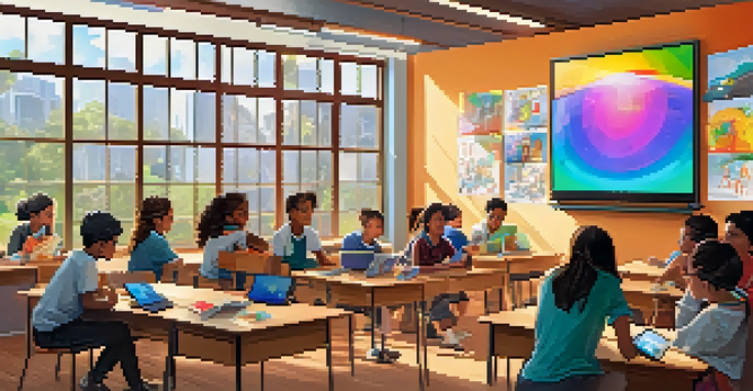 A lively classroom with students using different multimedia tools including a video screen and tablets, surrounded by educational posters.