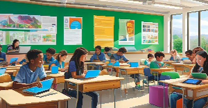 A colorful classroom with diverse students using laptops and tablets, engaged in learning activities.