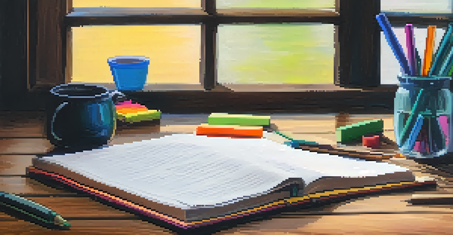 An open journal on a wooden table surrounded by colorful pens and sticky notes, with soft lighting creating an inviting atmosphere.