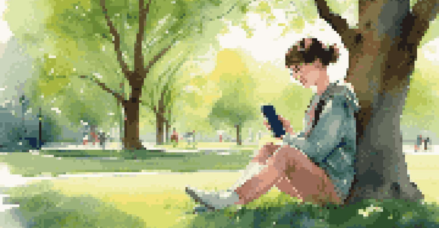 A student in a park using a smartphone for learning, surrounded by blooming flowers and trees.