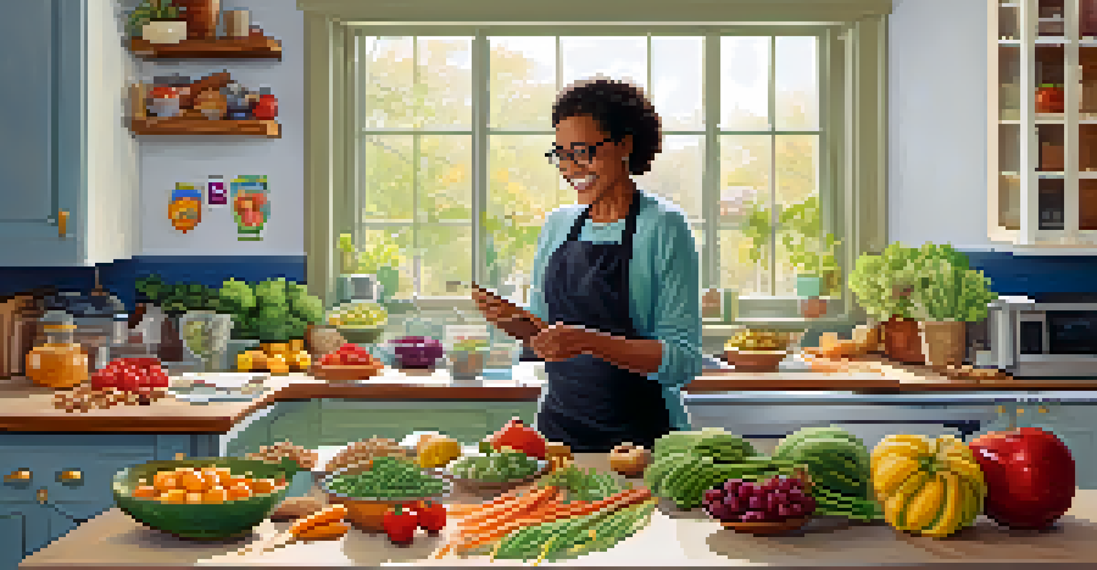 A teacher meal prepping healthy snacks in a bright kitchen, surrounded by fresh fruits and vegetables.