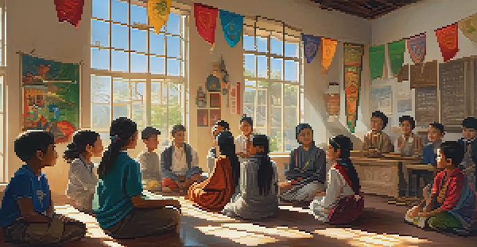 A diverse classroom with students listening to a local elder sharing cultural stories, surrounded by cultural artifacts and colorful decorations.