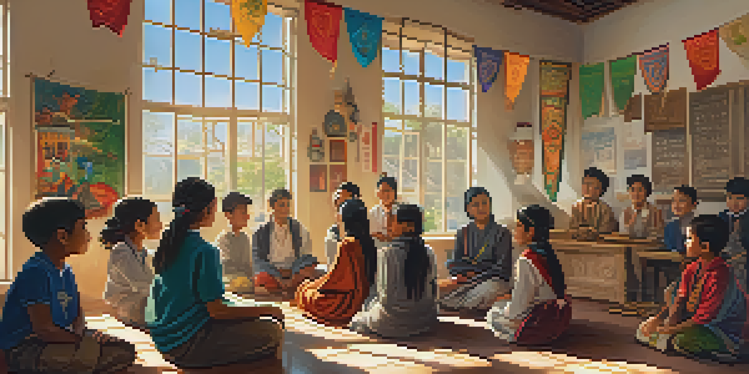 A diverse classroom with students listening to a local elder sharing cultural stories, surrounded by cultural artifacts and colorful decorations.