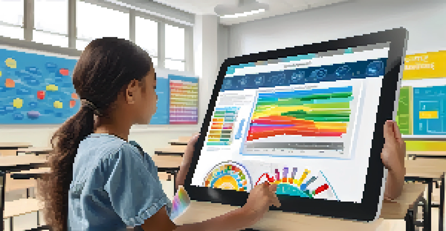 A close-up of a person using a tablet in a bright classroom, displaying interactive educational content on the screen.