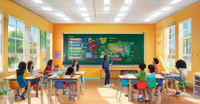 A vibrant classroom scene with diverse students interacting with an AI-powered whiteboard, showcasing personalized learning.