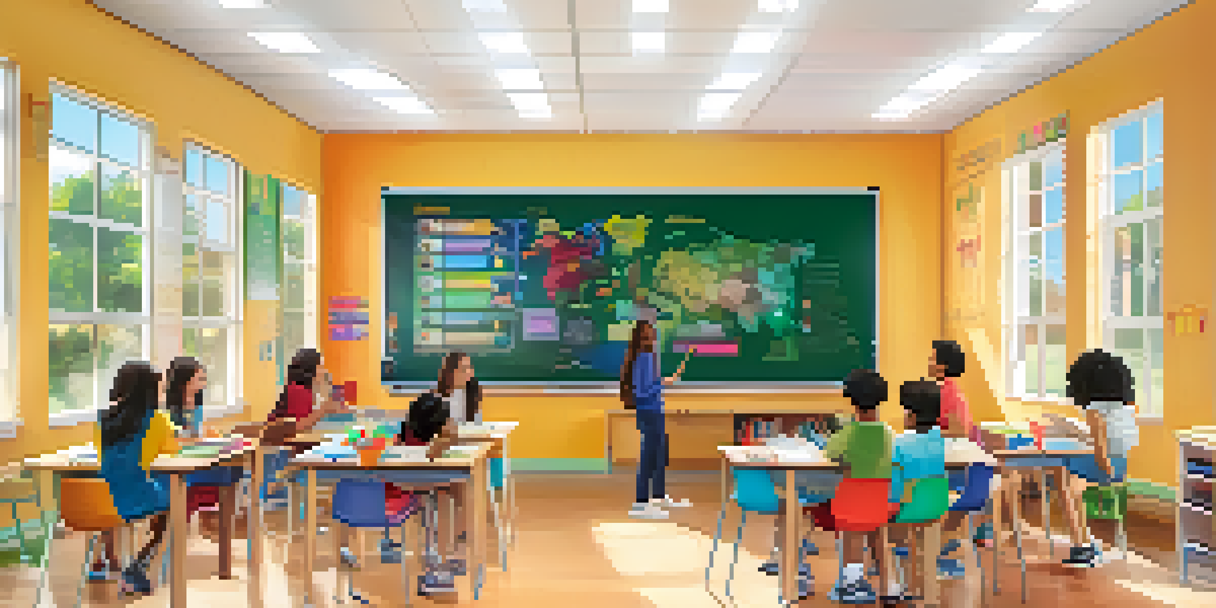 A vibrant classroom scene with diverse students interacting with an AI-powered whiteboard, showcasing personalized learning.
