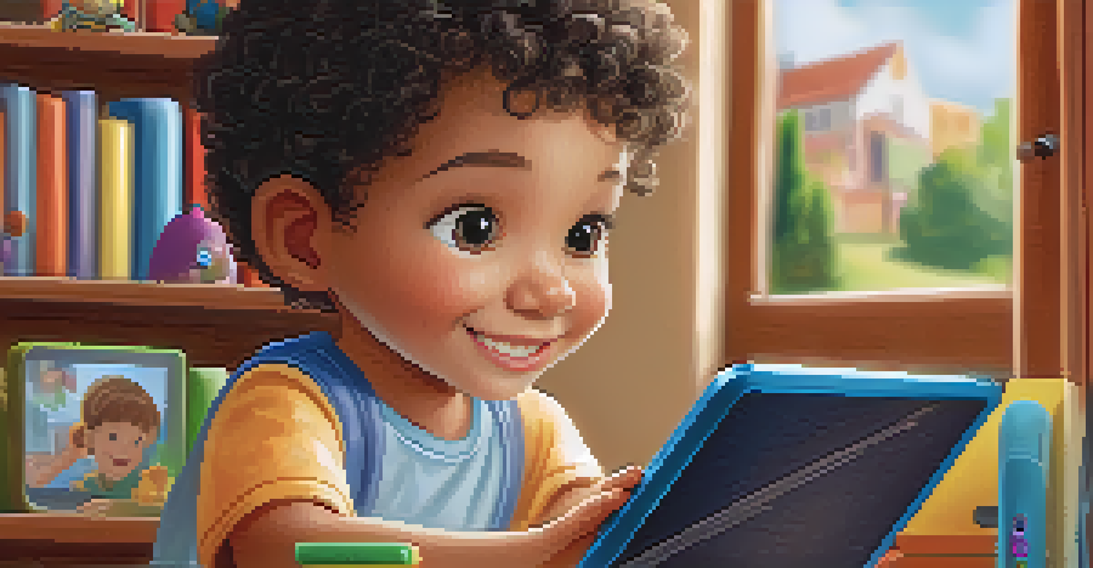 A child smiling while using a tablet with a speech recognition app, in a cozy home environment filled with books and toys.