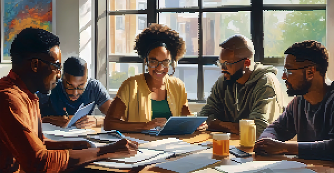 A diverse group of adult learners collaborating at a table with laptops and notebooks in a warm, well-lit environment.