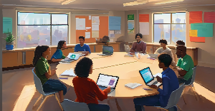 A diverse group of students discussing ethical AI in a colorful classroom, with laptops and notes on the table.
